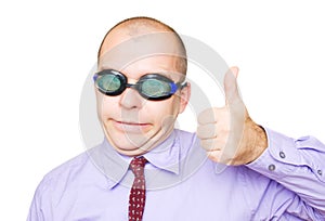 Crazy businessman showing thumb up