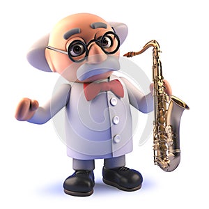 Crazy cartoon mad scientist character in 3d playing a saxophone