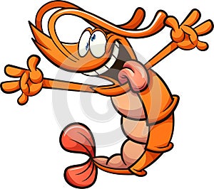 Crazy cartoon shrimp with extended arms and tongue out photo