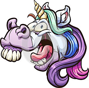 Crazy cartoon unicorn head laughing and neighing