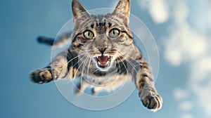 Crazy cat in flight outdoor, face of jumping and screaming pet on blue sky background. Portrait of funny flying domestic animal.