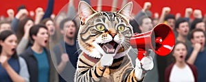 a tabby cat holding a red megaphone, crazy cat takes charge with megaphone