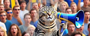 a tabby cat holding a red megaphone, crazy cat takes charge with megaphone