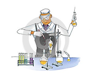Crazy chemist. Man in overalls conducts chemical experiments. Test tubes and flasks on a tripod. Sublimation and distillation of
