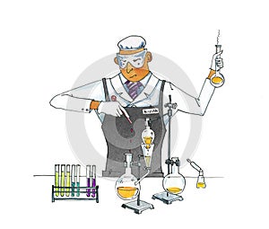 Crazy chemist. Man in overalls conducts chemical experiments. Test tubes and flasks on a tripod. Sublimation and distillation of