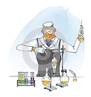 Crazy chemist. Man in overalls conducts chemical experiments. Test tubes and flasks on a tripod. Sublimation and distillation of