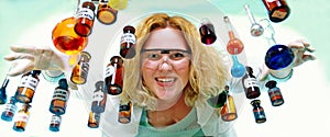 Crazy chemist woman with chemical glassware flask