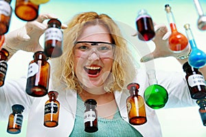 Crazy chemist woman with chemical glassware flask