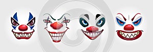 Crazy clowns faces on white background. Circus monsters.