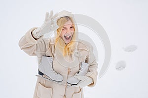 Crazy comical face show OK. Love winter. Funny smiling Winter woman portrait outdoor. Beauty Joyful Model Girl laughing