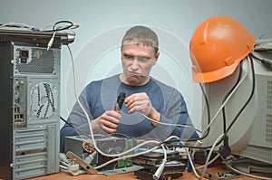 Computer repairman. Computer technician engineer. Support service.