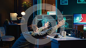 Crazy computer scientist doing worshiping reverence in front of self aware AI