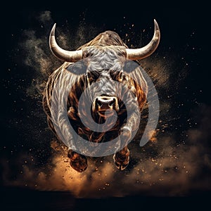 crazy creative Very muscular bull running Very angrily