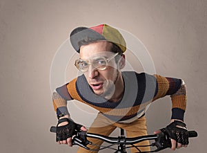 Crazy cyclist with empty background