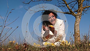 Crazy Dark Haired Woman In White Shirt Playing