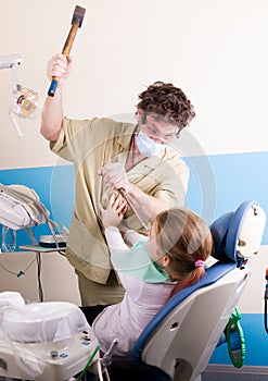 Crazy dentist treats teeth of the unfortunate patient. The patient is terrified.
