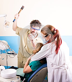 Crazy dentist treats teeth of the unfortunate patient. The patient is terrified.