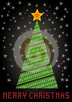 Crazy digital Christmas tree with a needle made of binary code. The red LEDs show the inscription