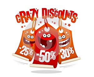 Crazy discounts banner with madness smiling price tags
