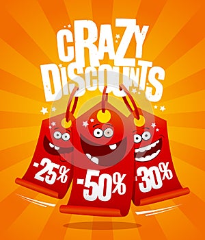 Crazy discounts poster concept with madness smiling price tags