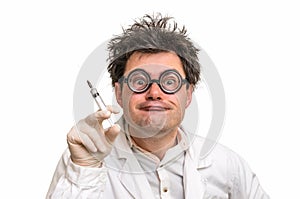 Crazy doctor performing experiments isolated on white