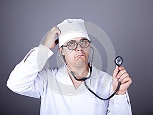 Crazy doctor with a stethoscope.