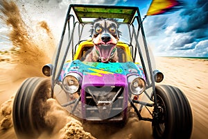 Crazy dog driving dune buggy on the sandy beach illustration generative ai