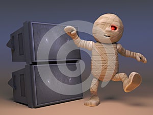 Crazy Egyptian mummy monster dancing in front of sound system at rave party, 3d illustration