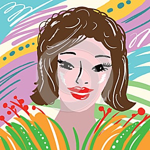 Crazy fantastic doodle lady or woman face. Trendy hand drawn colorful bright funny stroke.