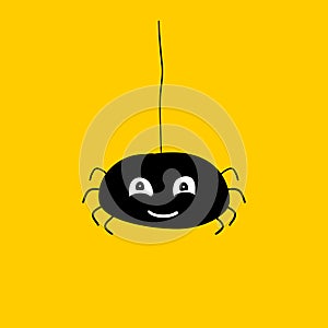 Crazy fat tarantula hanging on spider web. Hand drawn cartoon illustration on yellow background.