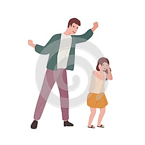 Crazy father screaming to little fear daughter vector flat illustration. Innocent baby girl victim of domestic violence