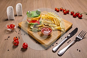 Crazy frog burger on a wooden board