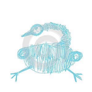 Crazy funny bird sitting in aqua colour in doodles hand drawn style.