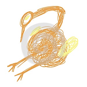 Crazy funny bird sitting sad in yellow and orange colours in doodles hand drawn style.