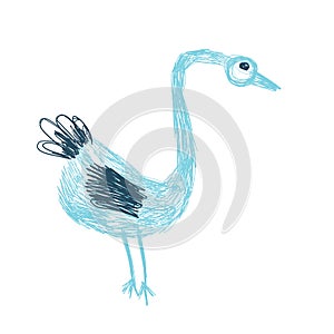 Crazy funny bird stand in blue and aqua colours in doodles hand drawn style.