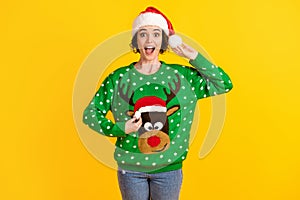 Crazy girl ready x-mas christmas atmosphere theme party hold pompon headwear redindeer decor sweater jumper impressed