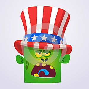 Crazy green cartoon monster wearing Uncle Sam hat. Design character for American Independence Day. Vector illustration for print.