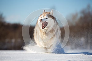 Crazy, happy and funny beige and white dog breed siberian husky with tonque out running on the snow in the winter field