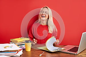 Crazy happy woman have fun at work in the office