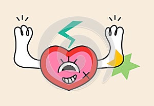 Crazy heart sticker vector. Abstract comic character with big angry eye