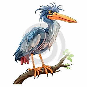 Crazy Heron Cartoon Vector Illustration On Branch photo