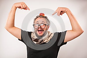 Crazy looking grumpy old man with grey beard nerd big glasses photo