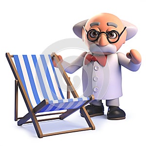 Crazy mad scientist cartoon character in 3d standing next to a holiday deckchair