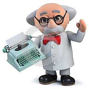 Crazy mad scientist holding an old retro typewriter in 3d