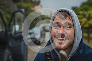 Crazy man attacking with scissors