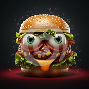 Crazy mascot hamburger showing its cheese tongue