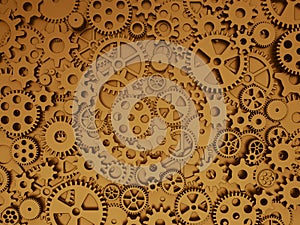 Crazy mechanics background. Bronze gears and cogs