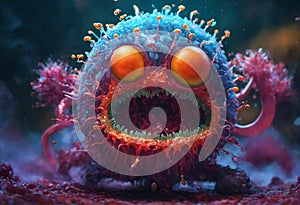 Crazy monster virus. Vile angry virus in the form of an angry toothy monstrous character