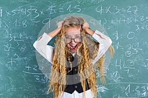 Crazy nerd blond student girl hold hair surprised