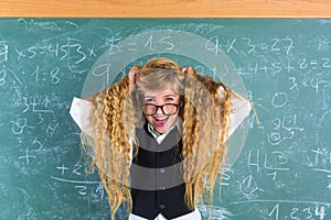 Crazy nerd blond student girl hold hair surprised